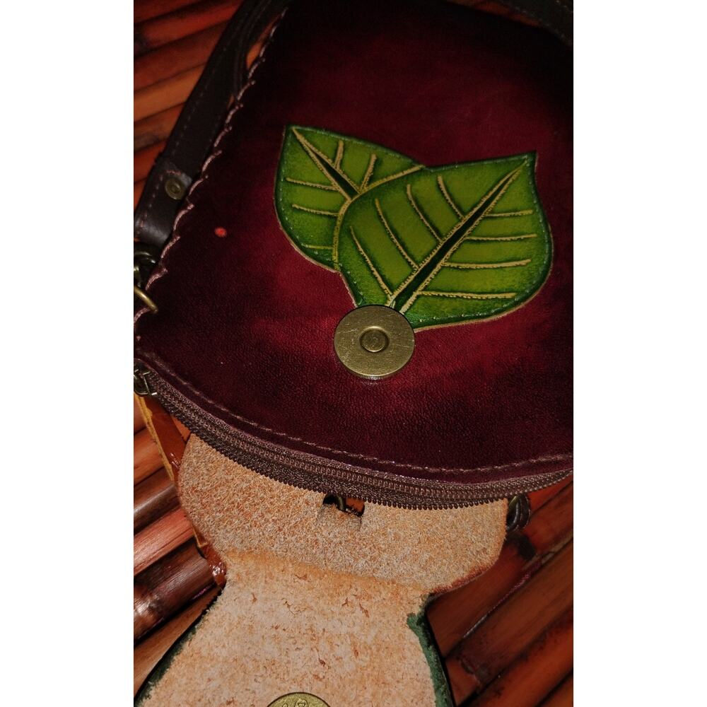 Vintage Handmade Leather Ladybug Crossbody Bag Boho Folk Art Purse - Picture 5 of 5